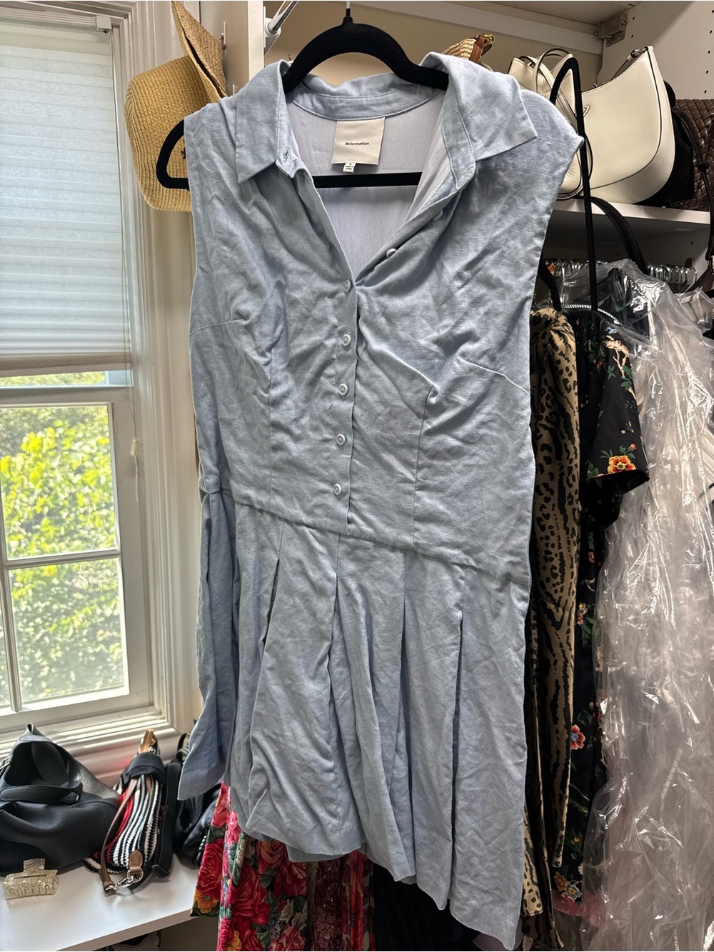 Reformation Pale Blue Sleeveless Button-Front Mini Dress